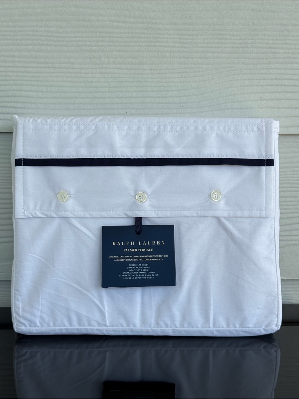 Ralph Lauren Palmer Percale Queen Flat Sheet Organic Cotton 464TC Navy Trim NWT